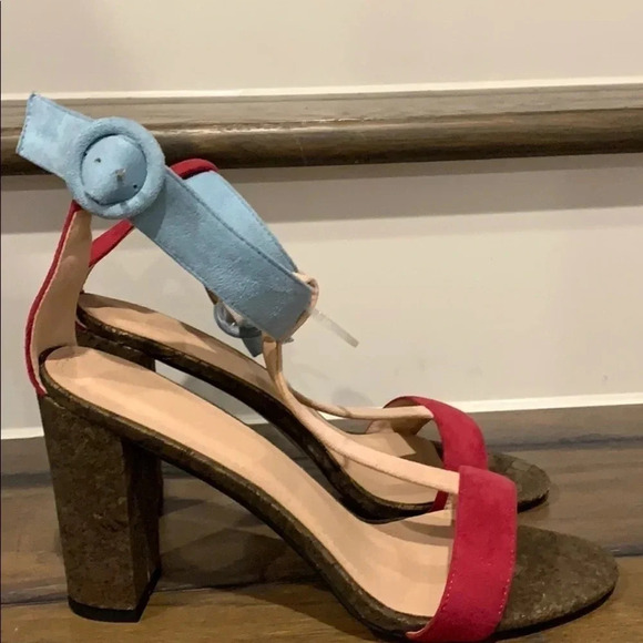 Color Block Suede Sandals Ankle Strap Block Heel New - Picture 1 of 5